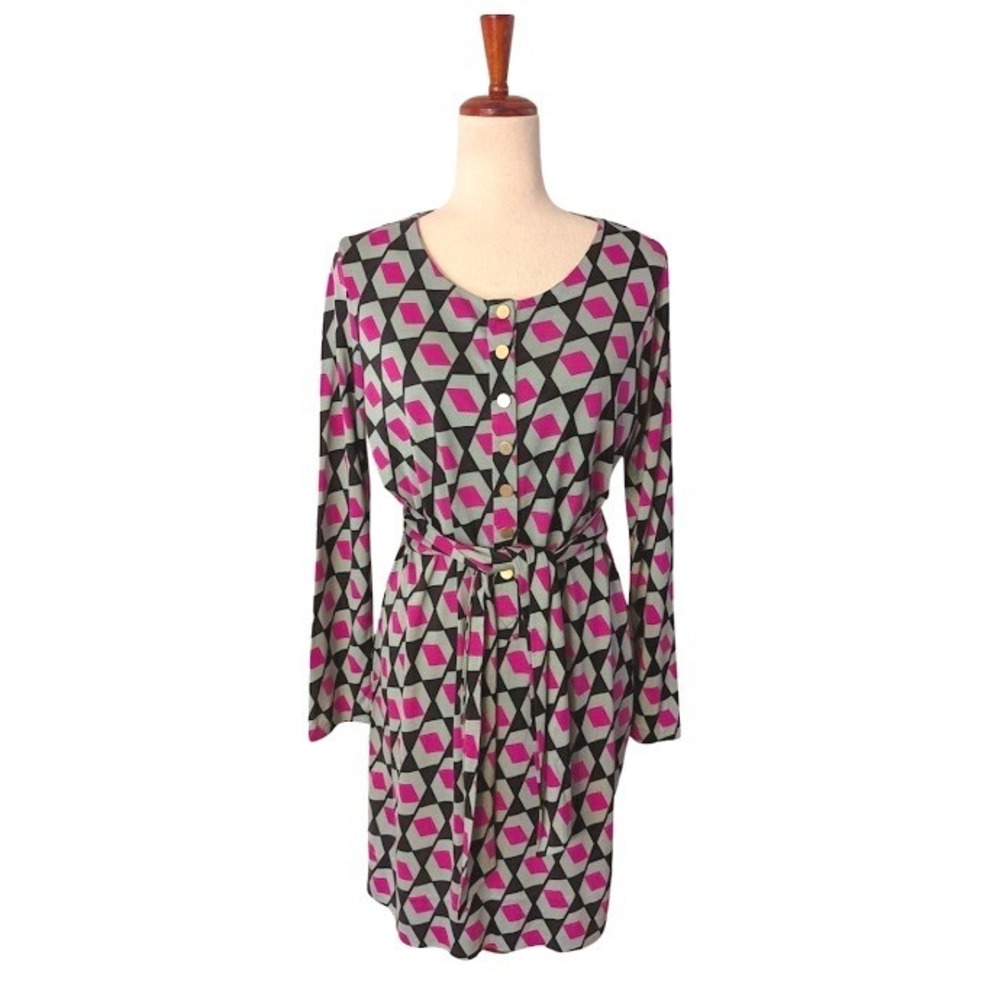 Diane Von Furstenberg Emsley Geometric Print Silk Belted Midi Dress Size 10
